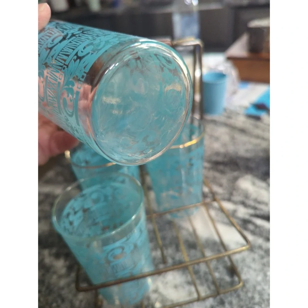 8 Vintage Anchor Hocking Chantilly Turquoise Drinking Glasses With MCM Holder
